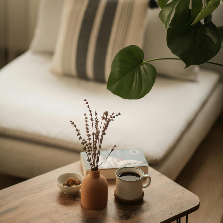 Soggiorno accogliente con pianta Relax a casa con un caffè